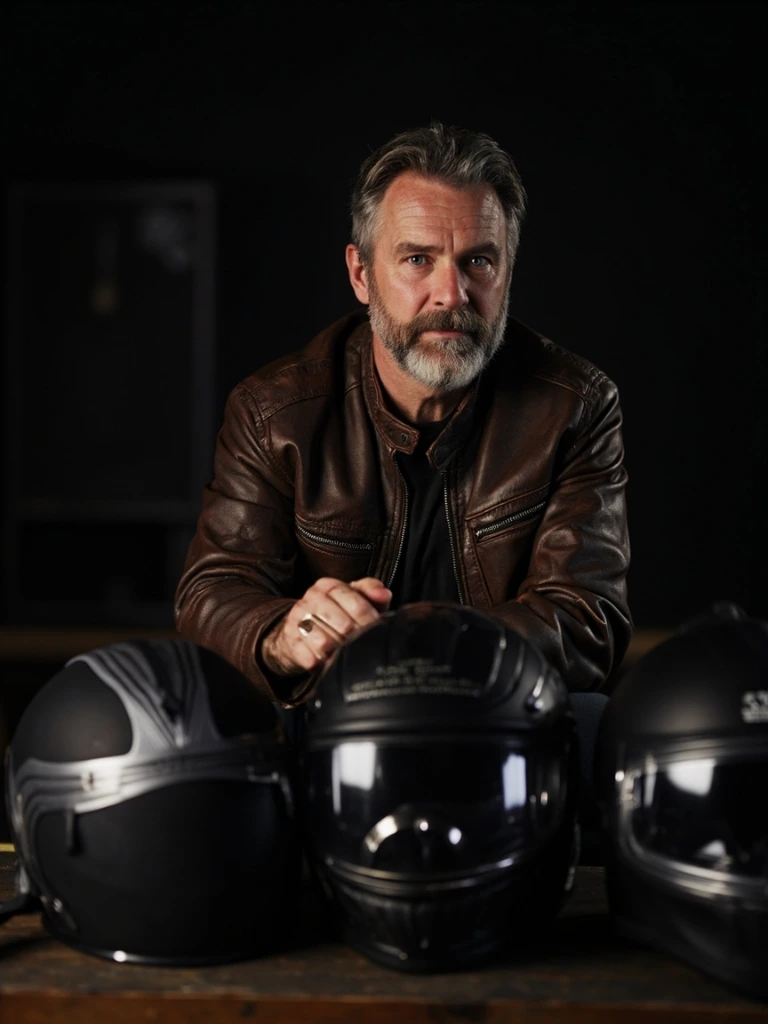 Daniel Okafor, gear editor, with helmets on a workshop bench