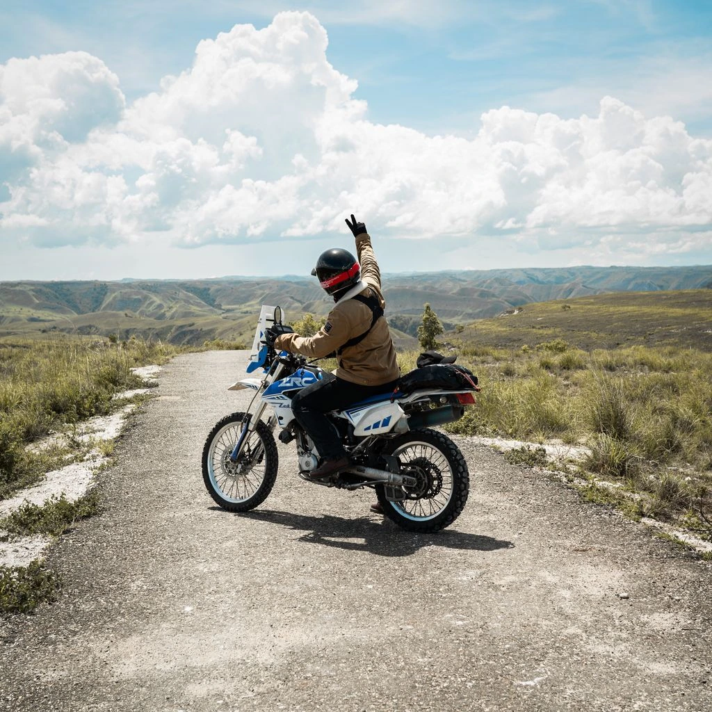 Adventure bike on a desert highway in the American Southwest