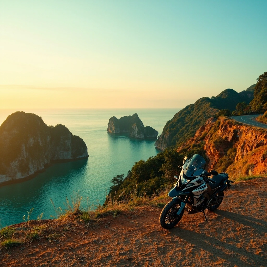 Motorcycle parked on a Southeast Asia coastal cliff road