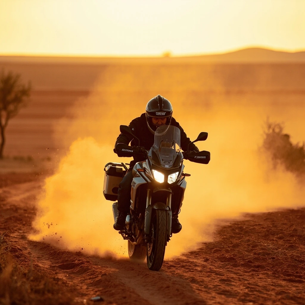Loaded adventure bike crossing the Kalahari